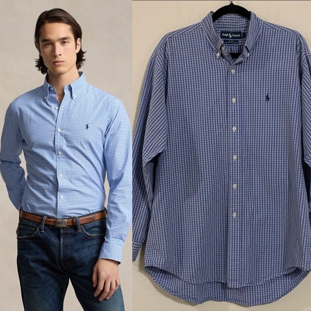 Ralph Lauren Men Blake Button Front Top Large Blue Plaid 100% Cotton Horse Logo